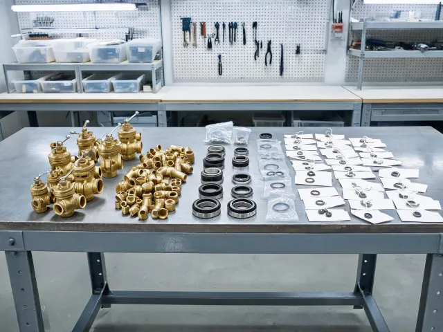 MRO spare parts bench with valves and pump components