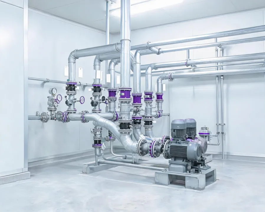 Industrial pump room with valves and control piping