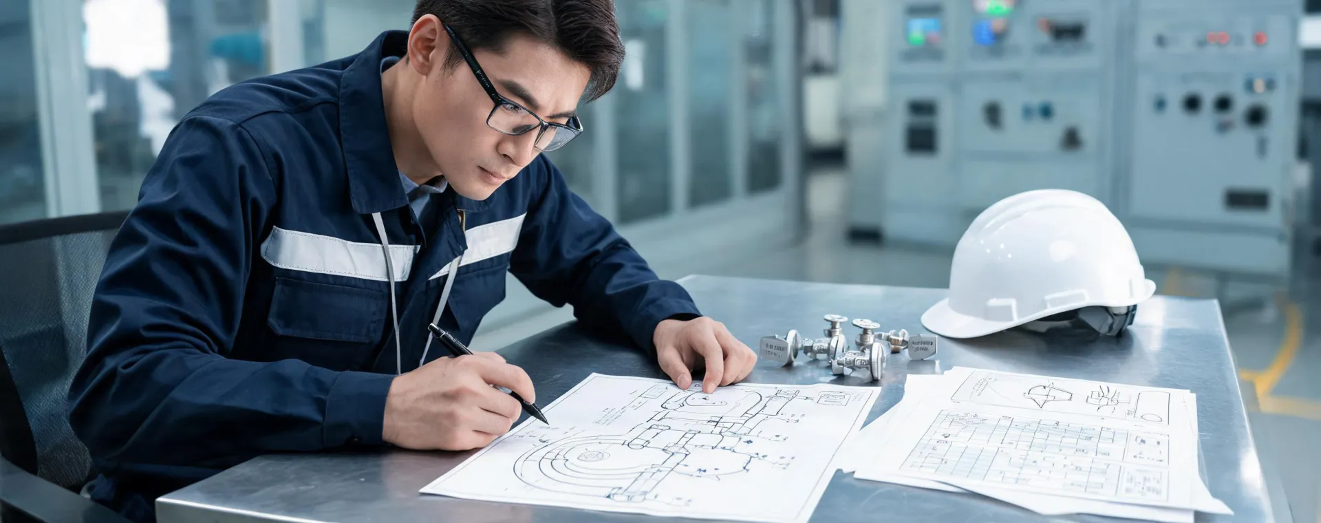 Service engineer reviewing valve and pump drawings